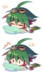  1boy ahoge chibi green_hair green_pants green_pillow lying multicolored_hair on_stomach pants pillow redhead rento_(rukeai) sakaki_yuuya sleeping spiky_hair waking_up yu-gi-oh! yuu-gi-ou_arc-v 