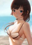  1girl aqua_eyes bangs beach bikini_top black_hair blurry breasts choker cleavage closed_mouth commentary_request deep_skin depth_of_field earrings fou_zi hair_ornament hairclip highres jewelry light_smile long_hair looking_at_viewer medium_breasts original shore skindentation smile solo upper_body 