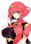  1girl absurdres breasts earrings eyebrows_visible_through_hair hair_ornament harukon_(halcon) heart heart-shaped_pupils highres pyra_(xenoblade) jewelry large_breasts red_eyes redhead short_hair smile symbol-shaped_pupils translation_request xenoblade_(series) xenoblade_2 