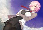  1girl black_legwear black_skirt breasts clouds cloudy_sky collared_shirt eyebrows_visible_through_hair fate/grand_order fate_(series) hood hoodie large_breasts looking_at_viewer looking_down mash_kyrielight necktie oz_(user_zakk5472) panties pantyhose pantyshot pink_eyes pink_hair red_neckwear shirt skirt sky solo underwear 