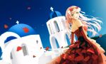  1girl bare_shoulders breasts church commentary_request darling_in_the_franxx dress elbow_gloves flower gloves hair_flower hair_ornament hairband highres looking_back medium_breasts open_mouth red_gloves red_horns red_wedding_dress rko_(a470350510) sky solo strapless strapless_dress wedding_dress zero_two_(darling_in_the_franxx) 