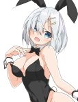  1girl :d absurdres alternate_costume blue_eyes blush bow bowtie breasts bunnysuit commentary_request detached_collar hair_ornament hair_over_one_eye hairclip hamakaze_(kantai_collection) hand_on_own_chest harukawa_(hal501) highres kantai_collection large_breasts open_mouth short_hair silver_hair simple_background smile solo upper_body white_background wrist_cuffs 