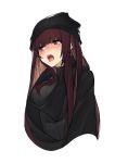  1girl absurdres bangs beanie blush breasts cropped_torso eyebrows_visible_through_hair girls_frontline half-closed_eyes hat highres inxst large_breasts long_hair looking_away open_mouth purple_hair red_eyes ribbed_sweater saliva saliva_trail scarf sidelocks simple_background solo sweater tongue tongue_out tsurime very_long_hair wa2000_(girls_frontline) white_background 