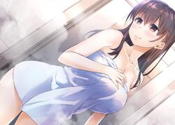  1girl arm_at_side bangs bare_arms bare_legs bare_shoulders blush breasts brown_eyes brown_hair choppiri_toshiue_demo_kanojo_ni_shite_kuremasu_ka?_~suki_ni_natta_jk_wa_27_deshita~ cleavage closed_mouth collarbone cowboy_shot embarrassed eyebrows eyebrows_visible_through_hair eyelashes fingernails hair_between_eyes hand_up highres indoors large_breasts legs_apart lips long_fingernails long_hair naked_towel nanase_meruchi skindentation solo standing steam towel wavy_mouth white_towel 