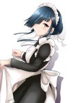  1girl alternate_costume apron apron_lift black_hair braided_bun dial16yoi enmaided from_side hair_bun hair_over_one_eye hayashimo_(kantai_collection) highres hime_cut kantai_collection lifted_by_self looking_at_viewer looking_to_the_side maid maid_apron maid_headdress simple_background smile solo violet_eyes white_background 