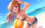  1girl armpits ball bangs bare_shoulders beach beachball bikini blonde_hair blue_eyes blue_sky blush bracelet breast_press breasts chiyosuke_(nosuke21) cleavage clouds collarbone commentary_request day denim denim_shorts eyebrows_visible_through_hair eyelashes fang fingernails hand_up idolmaster idolmaster_cinderella_girls jewelry long_fingernails long_hair looking_at_viewer medium_breasts nail_polish navel ocean ootsuki_yui open_clothes open_mouth open_shorts outdoors ponytail sand short_shorts shorts side-tie_bikini sky smile solo striped striped_bikini swimsuit water wavy_hair wet 