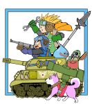  1girl 2boys blonde_hair blue_gloves commentary_request crossover dog dragon_quest dragon_quest_ii gloves goggles ground_vehicle metal_max military military_vehicle millipen_(medium) motor_vehicle multiple_boys outside_border pilot_helmet polearm prince_of_lorasia prince_of_samantoria princess_of_moonbrook shiba_inu short_hair slime_(dragon_quest) spear spiky_hair sword tank traditional_media treasure_chest walking weapon 