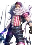  1boy abs arm_tattoo axe bare_chest battle_axe belt belt_buckle biceps black_gloves black_pants black_vest blue_belt buckle charlotte_katakuri chest chest_tattoo commentary_request covered_mouth fur_trim gloves glowing glowing_eyes highres holding kuria_(clear_trip_second) looking_at_viewer male_focus manly muscle one_piece open_clothes open_vest pants pectorals purple_hair red_eyes shirtless skull skull_belt solo spikes standing tattoo vest weapon white_background 