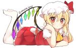  1girl :/ ascot bangs bare_arms blonde_hair blush bow closed_mouth collared_shirt eyebrows eyebrows_visible_through_hair flandre_scarlet frilled_shirt_collar frilled_skirt frills full_body gem hair_between_eyes hat hat_bow legs_up long_hair looking_at_viewer lying miniskirt mob_cap on_stomach orange_eyes ougi_hina pantyhose pleated_skirt puffy_short_sleeves puffy_sleeves red_bow red_skirt red_vest shirt short_sleeves side_ponytail simple_background skirt solo the_pose touhou twitter_username vest white_background white_hat white_legwear white_shirt wings yellow_neckwear 