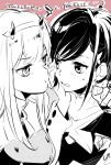  2girls darling_in_the_franxx greyscale hair_ornament hairband hairclip highres horns ichigo_(darling_in_the_franxx) long_hair monochrome multiple_girls oni_horns shipshipsheep short_hair sketch straight_hair uniform white_hairband yuri zero_two_(darling_in_the_franxx) 