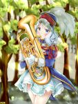  1girl band_uniform blue_eyes blurry blurry_background blush copyright_name day epaulettes euphonium gloves hat hat_feather instrument looking_at_viewer marching_band mikanpicture27 music official_art omc outdoors playing_instrument silver_hair solo standing white_gloves 