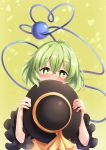  1girl black_hat blush commentary_request east01_06 green_eyes green_hair hair_between_eyes hat hat_ribbon heart highres komeiji_koishi long_sleeves looking_at_viewer ribbon short_hair touhou wide_sleeves 