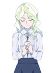  1girl blonde_hair blouse closed_eyes commentary diana_cavendish flower holding holding_flower little_witch_academia mother&#039;s_day multicolored_hair solo two-tone_hair white_background white_flower 