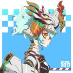  1girl 2017 android armor blue_hair english from_side glasses headgear highres mecha portrait tonami_kanji yellow_eyes 