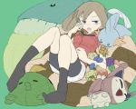  1girl bangs bare_arms bean_bag_chair berry black_eyes black_legwear black_shorts blush breasts brown_hair donnpati eyebrows full_body gen_3_pokemon green_background gulpin half-closed_eyes haruka_(pokemon) holding legs_apart medium_breasts miniskirt mudkip no_headwear no_shoes open_mouth pokemon pokemon_(creature) pokemon_(game) pokemon_rse red_shirt shirt short_hair short_sleeves shorts shorts_under_skirt sitting skirt skitty socks stuffed_toy tongue wailmer white_skirt 