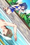  1boy 1girl black_eyes black_hair brown_hair couple flower kimi_no_na_wa looking_at_another miyamizu_mitsuha one-piece_swimsuit open_mouth outdoors ponytail pool shirtless summer swim_trunks swimming tachibana_taki towel upper_teeth yunaki 