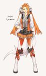  1girl ahoge belt boots character_name earrings full_body glint green_eyes hair_ornament hand_on_hip highres jewelry long_hair looking_at_viewer lycanroc ngr_(nnn204204) orange_hair orange_legwear orange_skirt personification pokemon skirt smile solo suspenders tail twintails unbuttoned vest white_footwear white_legwear zipper 