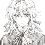  1girl blonde_hair blue_jacket braid brooch close-up eyebrows_visible_through_hair face gloves greyscale hair_between_eyes hair_intakes hair_ribbon hand_on_own_chest highres jacket jewelry jin_(phoenixpear) monochrome neckerchief ribbon sketch traditional_media violet_evergarden violet_evergarden_(character) white_neckwear 