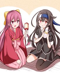  2girls acchii_(akina) baby_bottle black_hair black_legwear black_skirt blazer blue_headband bottle bow hair_bow hakama hatsushimo_(kantai_collection) headband highres jacket japanese_clothes kamikaze_(kantai_collection) kantai_collection kimono long_hair looking_at_viewer low-tied_long_hair meiji_schoolgirl_uniform multiple_girls open_mouth pink_hakama pleated_skirt purple_hair rattle red_eyes red_kimono remodel_(kantai_collection) school_uniform seiza single_thighhigh sitting skirt thigh-highs violet_eyes wariza yellow_bow 