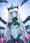  001_(darling_in_the_franxx) 1girl :o bangs blue_background blue_eyes blue_skin blunt_bangs blush chestnut_mouth cowboy_shot darling_in_the_franxx dated eyebrows_visible_through_hair fang highres horn long_hair looking_at_viewer multiple_arms navel satomi_(745684552) shiny shiny_hair signature silver_hair solo very_long_hair 