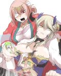  3girls artoria_pendragon_(all) artoria_pendragon_(lancer_alter) bandage_over_one_eye blonde_hair bottle breasts commentary_request divine_princess_of_the_storm fate/grand_order fate_(series) florence_nightingale_(fate/grand_order) green_eyes hair_between_eyes horns large_breasts mita_(matsuri68) mordred_(fate) mordred_(fate)_(all) multiple_girls open_mouth ox-demon_king pink_hair red_eyes shaded_face spray_bottle sweat upper_body white_background yellow_eyes 