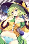  1girl bare_shoulders black_hat blue_panties blush bow breasts cleavage collarbone commentary_request eyebrows_visible_through_hair finger_to_mouth green_eyes green_hair green_skirt hat hat_bow head_tilt heart heart-shaped_pupils heart_of_string highres komeiji_koishi long_sleeves looking_at_viewer lying maturiuta_sorato medium_breasts navel off_shoulder on_back panties parted_lips shirt short_hair skirt skirt_removed solo stomach symbol-shaped_pupils third_eye touhou underwear wide_sleeves yellow_bow yellow_shirt 