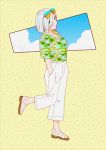  1girl alternate_costume beige_background blue_eyes eyewear_on_head full_body hair_ornament hair_over_one_eye hairclip hamakaze_(kantai_collection) hands_in_pockets hawaiian_shirt kantai_collection ojipon open_clothes pants shirt short_hair solo standing standing_on_one_leg white_hair white_pants 