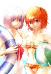  2girls ball bare_shoulders beachball blush breasts closed_mouth collarbone fate/grand_order fate_(series) fujimaru_ritsuka_(female) highres holding holding_ball holding_innertube innertube large_breasts looking_at_viewer mash_kyrielight multiple_girls navel orange_eyes orange_hair purple_hair satsuki_ame short_hair short_ponytail side_ponytail smile violet_eyes 