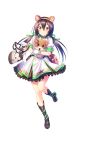  1girl animal_ears bag black_footwear black_hair boots brown_eyes dress fake_animal_ears formation_girls full_body goggles_around_arm green_ribbon hair_ribbon hamster hamster_ears handbag highres long_hair looking_at_viewer low_twintails official_art ozaki_rin ribbon smile solo tenkuu_nozora transparent_background twintails white_dress 