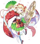  1girl ;d blonde_hair blush bow choker detached_sleeves fan flat_chest flower full_body green_choker green_skirt hair_bow hair_flower hair_ornament hand_up japanese_clothes leg_ribbon looking_at_viewer official_art omi_hachiman_(oshiro_project) one_eye_closed open_mouth oshiro_project oshiro_project_re paper_fan rassie_s ribbon sandals short_twintails skirt smile standing standing_on_one_leg thigh-highs transparent_background twintails violet_eyes watermark white_legwear wide_sleeves 