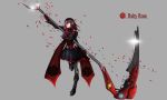  1girl alternate_costume alternate_hairstyle black_dress black_hair boots breasts cloak commentary dress english_commentary grey_eyes highres hood hooded_cloak kurokamirin large_breasts long_hair multicolored_hair redhead ruby_rose rwby solo two-tone_hair 