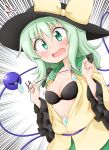  1girl black_bra black_hat blush bow bra breasts collarbone commentary_request emphasis_lines eyebrows_visible_through_hair frilled_shirt_collar frills green_eyes green_hair green_skirt hands_up hat hat_bow head_tilt highres komeiji_koishi long_sleeves looking_at_viewer medium_breasts medium_hair open_mouth shirt simple_background skirt solo suwa_yasai sweatdrop third_eye touhou translation_request underwear upper_body white_background wide_sleeves yellow_bow yellow_shirt 