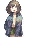  1girl alternate_costume belt black_hair green_shorts hand_in_pocket highres hood hood_down hooded_jacket jacket long_sleeves mizuki_(pokemon_sm) open_mouth pokemon pokemon_(game) pokemon_sm short_hair shorts simple_background solo unapoppo white_background 