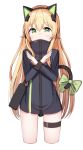  1girl absurdres animal_ears bangs black_jacket blonde_hair blush bow cat_ear_headphones cat_ears cat_girl cat_tail cropped_legs eyebrows_visible_through_hair fingernails girls_frontline green_bow green_eyes hair_between_eyes headphones highres jacket long_sleeves looking_at_viewer parted_lips simple_background solo starfox1015 tail tail_bow tmp_(girls_frontline) white_background x_arms 