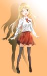  1girl black_legwear blonde_hair doma_umaru himouto!_umaru-chan long_hair long_sleeves looking_at_viewer open_mouth pleated_skirt red_neckwear red_skirt sayuuiede shadow shirt skirt solo thigh-highs white_shirt 