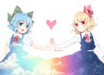  2girls :d aqua_eyes ascot black_skirt black_vest blonde_hair blue_dress blue_hair bow cirno clouds cloudy_sky collared_shirt commentary_request dress fang frills green_bow hair_bow hair_ribbon hands_together heart ice ice_wings kuromame_(8gou) long_sleeves looking_at_viewer multiple_girls neck_ribbon night night_sky open_mouth puffy_short_sleeves puffy_sleeves red_eyes red_neckwear red_ribbon ribbon rumia shirt short_hair short_sleeves simple_background skirt sky sky_print smile star_(sky) sunset touhou vest white_background wings 