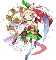  1girl :d blonde_hair blush bow choker closed_eyes detached_sleeves fan flat_chest flower full_body green_choker green_skirt hair_bow hair_flower hair_ornament hand_up japanese_clothes leg_ribbon looking_at_viewer official_art omi_hachiman_(oshiro_project) open_mouth oshiro_project oshiro_project_re paper_fan rassie_s ribbon sandals short_twintails skirt smile standing standing_on_one_leg tearing_up thigh-highs torn_clothes transparent_background twintails watermark white_legwear wide_sleeves 