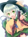  1girl :d baram black_hat bow commentary_request eyebrows_visible_through_hair floral_print frilled_shirt_collar frills green_eyes green_hair green_skirt hair_between_eyes hands_up hat hat_bow heart heart_of_string komeiji_koishi long_sleeves looking_at_viewer open_mouth shirt short_hair simple_background skirt sleeves_past_fingers smile solo third_eye touhou white_background wide_sleeves yellow_bow yellow_shirt 