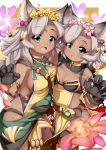  2girls :d :o animal_ears armlet black_gloves breasts cat_ears cat_paws claws commentary_request dark_skin erune eyebrows_visible_through_hair eyes_visible_through_hair fang flower gloves granblue_fantasy green_eyes grey_hair hair_flower hair_ornament highres long_hair looking_at_viewer medium_breasts melleau multiple_girls nemone open_mouth paws petals psychopath_idiot short_hair sideboob smile 