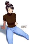  1girl arm_support artist_name bangs black_hair blue_pants blush breasts brown_eyes brown_sweater carlo_montie denim hair_bun hair_ornament hairclip highres jeans large_breasts original pants shirt short_hair short_sleeves sitting smile solo sweater swept_bangs taut_clothes taut_shirt 
