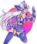  1girl android artist_request ass blue_eyes breasts cleavage cyborg dark_skin elbow_gloves glasses gloves gun large_breasts long_hair looking_at_viewer silver_hair skirt smile solo t-elos thigh-highs under_boob weapon xenoblade_(series) xenoblade_2 xenosaga xenosaga_episode_iii 