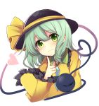  1girl absurdres black_hat blush bow commentary_request cropped_torso eyebrows_visible_through_hair finger_to_face frilled_shirt_collar frills green_eyes green_hair hair_between_eyes hat hat_bow head_tilt heart heart-shaped_pupils heart_of_string highres index_finger_raised komeiji_koishi long_sleeves looking_at_viewer ruhika short_hair simple_background smile solo symbol-shaped_pupils third_eye touhou upper_body white_background wide_sleeves yellow_bow 