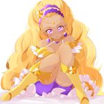  1girl amamiya_erena ashita_wa_hitsuji bike_shorts blonde_hair boots breasts character_name cleavage commentary_request cure_soleil dark_skin long_hair looking_at_viewer medium_breasts mole mole_under_eye pink_eyes precure purple_shorts shorts simple_background sitting solo star star_twinkle_precure very_long_hair white_background yellow_footwear 