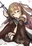  1girl absurdres ass bangs black_legwear black_panties blush breasts brown_eyes brown_hair bullet cleavage collarbone eyebrows_visible_through_hair fingerless_gloves girls_frontline gloves gun hair_between_eyes hair_ornament hairclip head_tilt highres holding holding_gun holding_weapon k-2_(girls_frontline) legs long_hair looking_at_viewer magazine_(weapon) medium_breasts mr_lobster no_shoes open_mouth panties pantyhose sidelocks signature simple_background sitting smile soles solo thighband_pantyhose thighs toes underwear weapon 