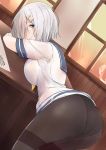  1girl ass black_legwear blue_eyes blue_sailor_collar breast_press breasts closed_mouth commentary_request dutch_angle eyes_visible_through_hair from_behind hair_ornament hair_over_one_eye hairclip hamakaze_(kantai_collection) head_rest highres kantai_collection kneeling large_breasts leaning_forward looking_at_viewer looking_back neckerchief no_pants panties panties_under_pantyhose pantyhose sailor_collar saku_(kudrove) school_uniform serafuku shirt short_hair short_sleeves silver_hair solo underwear white_shirt yellow_neckwear 