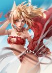  1girl absurdres animal_ears bell bell_choker bra breasts cat_cutout cat_ears cat_lingerie cat_tail choker cleavage collar fate/apocrypha fate/grand_order fate_(series) green_eyes highres looking_at_viewer meme_attire mordred_(fate) mordred_(fate)_(all) navel panties red_bra red_panties short_hair small_breasts smile solo tail underwear yosanann 