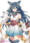  1girl animal_ears blue_eyes blue_hair cat_ears cat_tail cosplay fire_emblem fire_emblem:_kakusei fire_emblem_heroes fire_emblem_if gebyy-terar japanese_clothes jewelry long_hair looking_at_viewer lucina multiple_tails nekomata sakura_(fire_emblem_if) single_earring smile solo tail tiara two_tails 