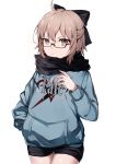  1girl black_bow black_scarf bow brown_eyes brown_hair closed_mouth copyright_name eyebrows_visible_through_hair fate/grand_order fate_(series) glasses grey_background hair_bow hand_in_pocket highres hood hoodie lanzero long_sleeves looking_at_viewer okita_souji_(fate) okita_souji_(fate)_(all) scarf semi-rimless_eyewear short_hair simple_background solo 