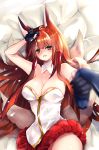  1girl akagi_(azur_lane) animal_ears arm_up azur_lane bangs bare_shoulders bed_sheet black_gloves blunt_bangs breasts brown_hair cleavage collarbone cowboy_shot fang fox_ears fox_tail gloves hakama_skirt hand_on_own_head highres large_breasts long_hair looking_at_viewer lying multiple_tails on_back partly_fingerless_gloves pink_eyes pleated_skirt putimaxi skirt solo tail twitter_username very_long_hair 