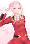  1girl alternate_eye_color blue_eyes blush closed_mouth darling_in_the_franxx eyebrows_visible_through_hair gloves hiiragi_haruki horns long_hair long_sleeves looking_at_viewer pink_hair smile solo upper_body white_gloves zero_two_(darling_in_the_franxx) 